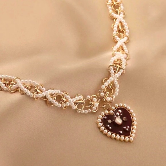 “Red Heart Sea of Pearls” Flake Shard Float Drift Love Romance Ocean Necklace - Picture 10 of 16